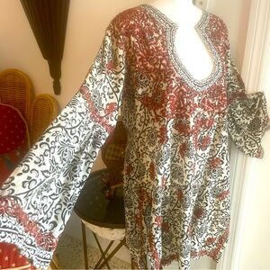 AMAYA Cotton Embroidered Tunic Top! Black & Cream. Brown Embroidery! Large